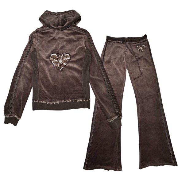 Y2K Twisted Heart Velour Tracksuit Sz.S Brown Beaded Embroidered Flare Leg Boho - Picture 1 of 16